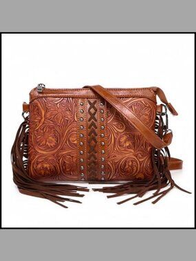 Fringe Tassel Crossbody Handbag PU Leather Wristlet Purse Floral Embossed